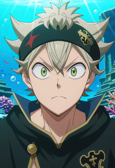 masterpiece, best quality, intricate details, anime screencap, anime coloring, official style, looking at viewer, 1boy, solo, male focus, <lora:asta_black_clover_ilxl:0.96>, asta_black_clover, grey hair, green eyes, short hair, spiked hair, , , underwater temple, coral growth, fish schools, light rays, swimming pose, determined expression, bubbles,