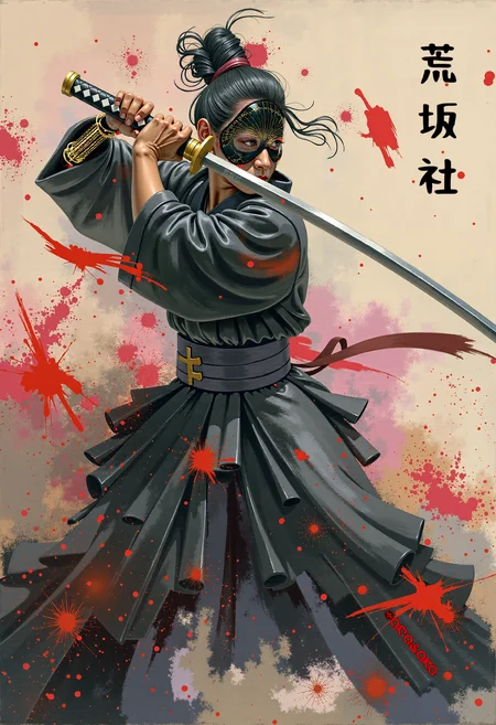 kwil, Create an abstract expressionism painting: A dynamic and expressive painting of a mid-aged woman wielding a sword. The woman is dressed in traditional black clothing with hair tied in a knot. The scene captures the motion of the sword with bold red and black brushstrokes, creating a dramatic effect. The background is bright, contrasting with the dark and red colors of the figure and brushstrokes. Red splatters and lines add an intense and energetic atmosphere. The painting features a mix of expressionism and abstract art, with symbolic representation of strength and movement. Influences of traditional Japanese art and culture are evident.