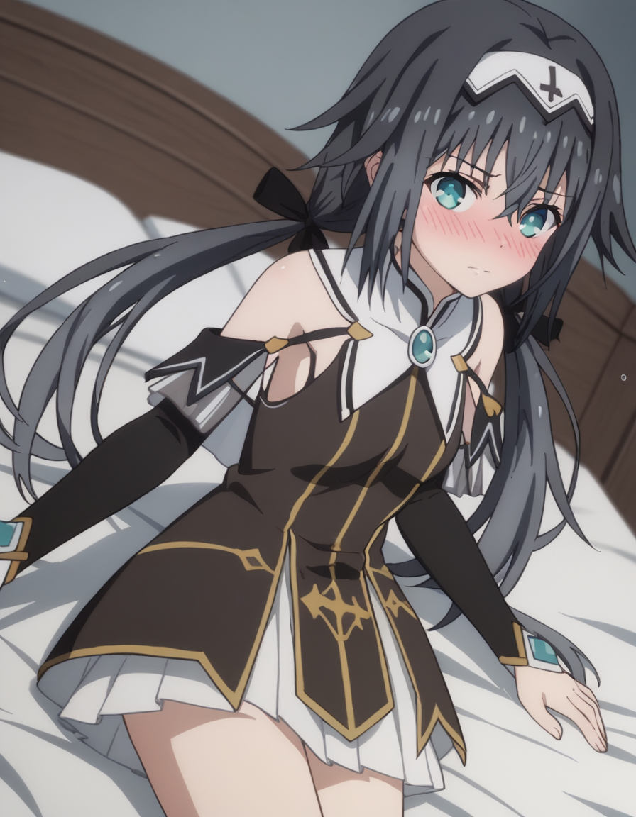 score_9, score_8_up, score_7_up, source_anime,
nibelcole,  <lora:nibelcole-s4s5-ponyxl-lora-nochekaiser:1>,
nibelcole, long hair, blue eyes, black hair, hair between eyes, twintails, very long hair, hairband, low twintails, white hairband,
skirt, detached sleeves, sleeveless, white skirt, black sleeves,
indoors, bed, bed room, on side, blush, drunk,
looking at viewer, solo, cowboy shot, dutch angle,