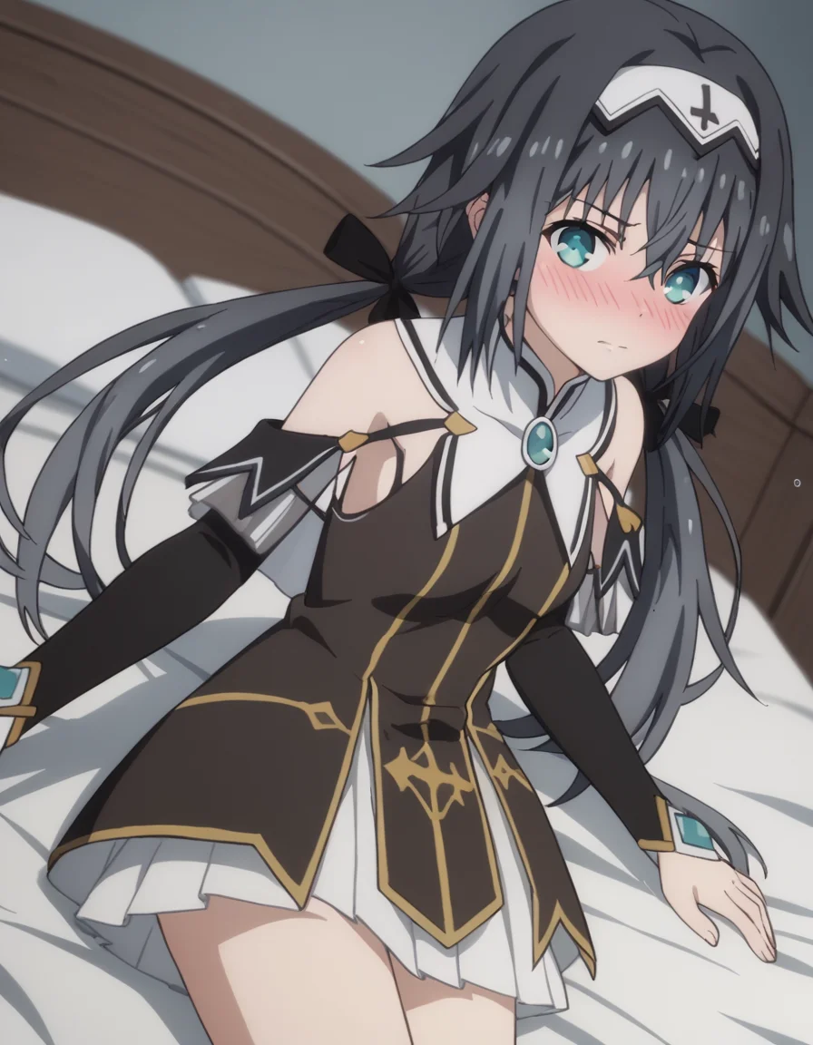 score_9, score_8_up, score_7_up, source_anime,
nibelcole, <lora:nibelcole-s4s5-ponyxl-lora-nochekaiser:1>,
nibelcole, long hair, blue eyes, black hair, hair between eyes, twintails, very long hair, hairband, low twintails, white hairband,
skirt, detached sleeves, sleeveless, white skirt, black sleeves,
indoors, bed, bed room, on side, blush, drunk,
looking at viewer, solo, cowboy shot, dutch angle,