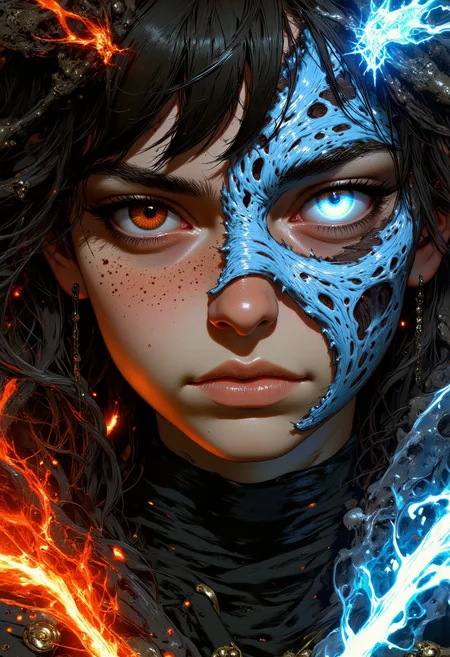 Misty Valley, a close-up of a mysterious female entity, one half of her body and face is beautiful fire goddess angelic appearance, red eyes, flaming hair, the other half of her body and face is frozen, blue icy skin, glowing eye and hair are freezing from cold, cold breath, on her back are wings corresponding to each part of the body. cold atmosphere, cinematic, masterpiece, clear focus. <lora:FluxMythV2:1> <lora:fantastic-realism:0.6> <lora:flux.1_lora_flyway_Epic-detail_v2:0.5>