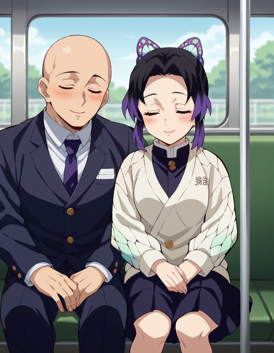 score_9, score_8_up, score_7_up, source_anime, <lora:shinobu-kochou-anime-ponyxl-lora-nochekaiser:1>, shinobu kochou, animal print, black hair, butterfly, butterfly hair ornament, butterfly print, forehead, gradient hair, hair ornament, haori, multicolored hair, parted bangs, purple hair, short hair, two-tone hair, medium breasts, <lora:leaning-on-person-side-by-side-ponyxl-lora-nochekaiser:1>, leaning on person side-by-side, sitting, hetero, sleeping, couple, train interior, leaning on person, school uniform, faceless male, bald, faceless, smile, blush, closed eyes,,