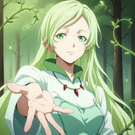 <lora:SlimesDryad:1>, score_9, score_8_up, score_7_up, slimes_SDryad, solo, woman, portrait, reaching out to viewer, forest background