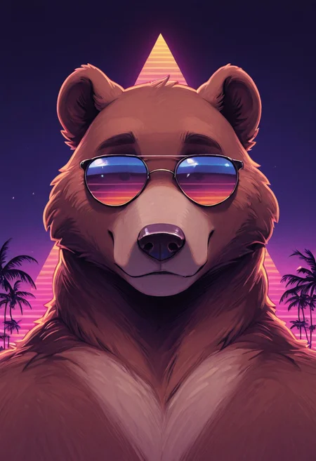 in the style of ck-rw, portrait of 1boy male furry anthro grizzly bear wearing fancy sunglasses, seducive, palm trees, triangle, sundown, stary night, masterpiece,best quality,amazing quality, angled view