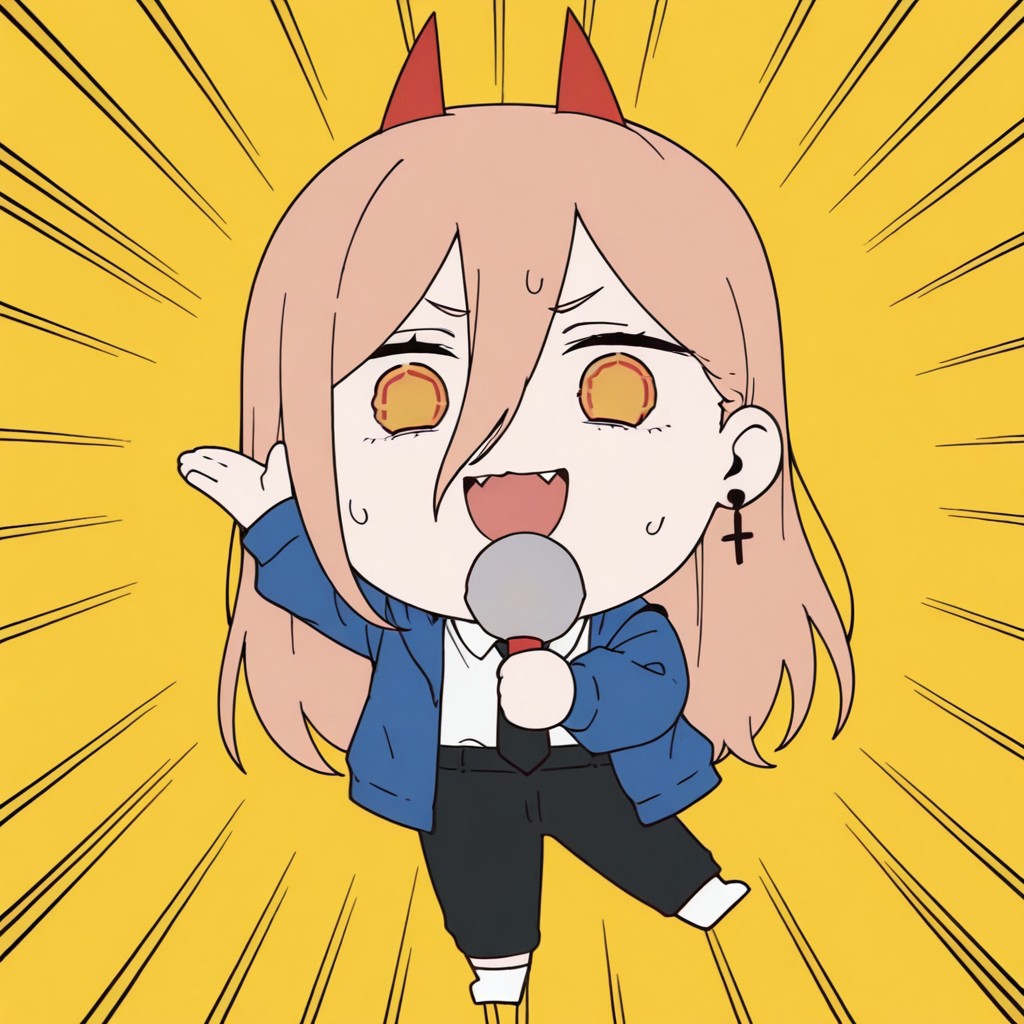 absurdres, high quality, masterpiece, anime screencap, anime screenshot,
 1girl, solo, Power (Chainsaw Man),sharp teethsymbol-shaped pupils,cross-shaped pupils,blue jacket,collared shirt,black necktie,black pants,Hash,
smile, open mouth, simple background, holding, :d, sweat, sweatdrop, yellow background, arm up, pose, empty eyes, microphone,black ice cream, full body, chibi, standing on one leg, flat shading, flat colors,  sunburst background,red and yellow background,emphasis lines