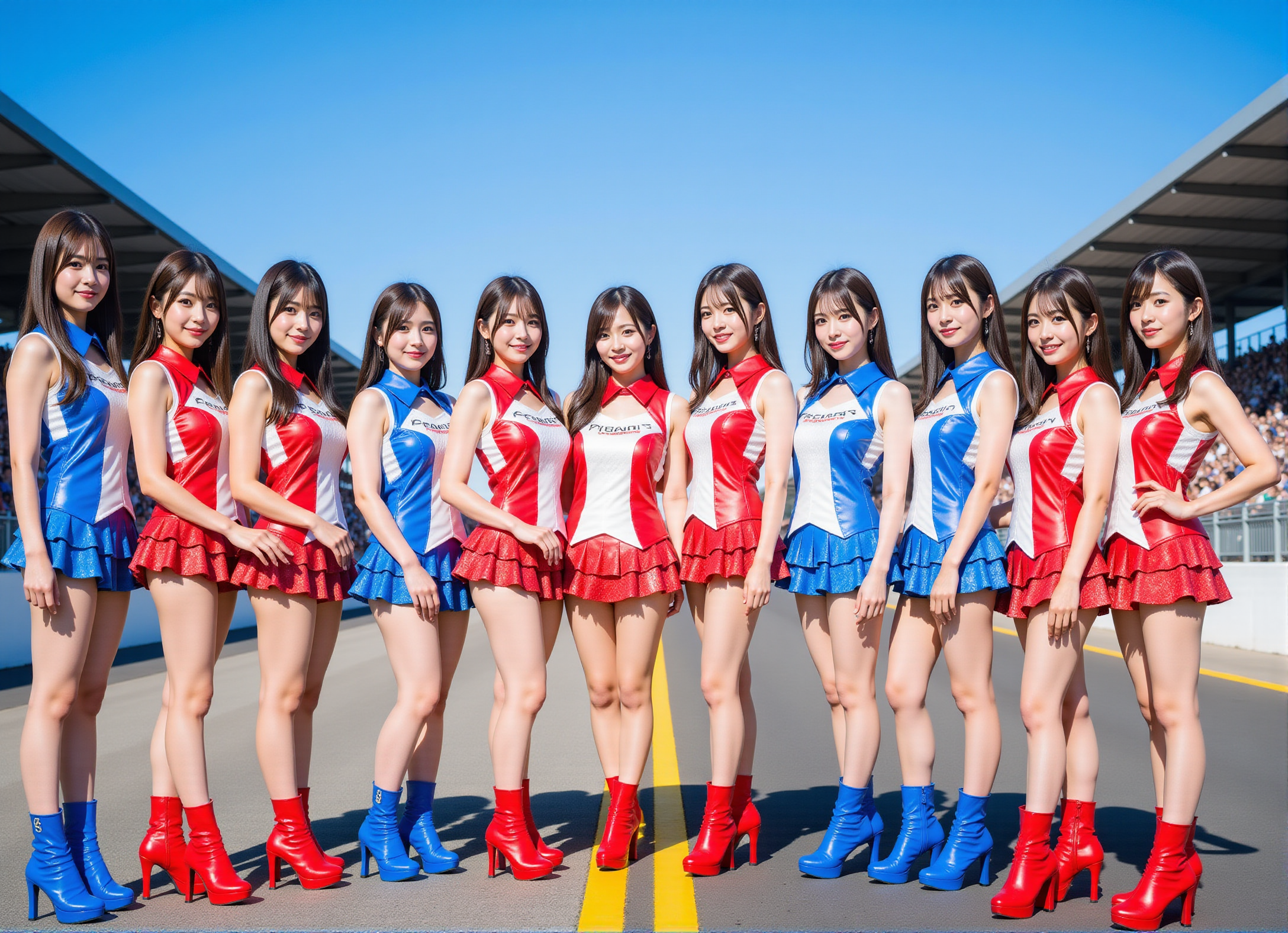 a group of young women standing on a race track. They are all dressed in colorful outfits and are posing for a group photo,facing the camera and smiling at the camera. The background shows a large crowd of spectators in the stands and a hill in the distance. The sky is blue and the weather appears to be sunny and clear. The track is marked with yellow lines and there is a yellow caution tape on the right side of the image,<lora:Flux_race_queens>,japanese race queens,grid girls,sexy pose,(different faces and hairstyles:1.5),(sleeveless:1.2),japanese women with beautiful faces,<lora:jdl-flux-lora:0.7>,(various costumes:1.2),slender,everyone poses differently,long high heel boots,thin,