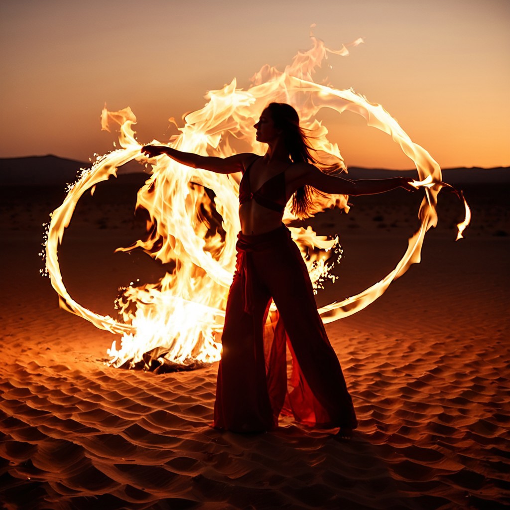 (fire), A young woman performs a mesmerizing fire dance in a vast desert at twilight, her silhouette outlined by twin arcs of spinning flame. She wears a flowing outfit of red and bronze fabrics that move with the rhythm. Sparks leap from her fire poi as the golden hour light meets the firelight, casting long shadows on the sand. The atmosphere is hypnotic, primal, and elegant. (cinematic photography, motion blur, warm tones, high-speed capture, photorealism, expressive movement, glowing embers)