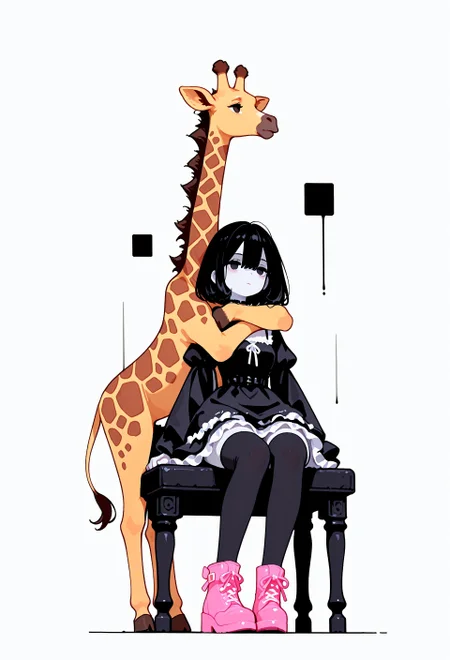 masterpiece, newest,absurdres,incredibly absurdres, best quality, amazing quality, very aesthetic,no lineart,no outline,minimalism, negative space, 1girl, solo, black hair, bob cut, hair between eyes, (black eyes:0.5), expressionless, sitting on giraffe,neck hug, pale skin, goth fashion, frilled dress, square neckline, black thighhighs, zettai ryouiki, pink ankle boots, animal,  giraffe, solid white background,