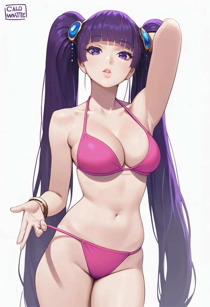 score_9, score_8_up,score_7_up,carlom ,,1girl, solo, long hair, breasts, looking at viewer, bangs, simple background, hair ornament, white background, navel, cleavage, twintails, jewelry, medium breasts, very long hair, purple eyes, collarbone, swimsuit, purple hair, bikini, cowboy shot, parted lips, artist name, blunt bangs, arm up, bracelet, lips, pink bikini