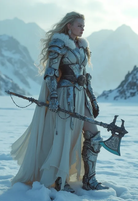 vikingpunk style, in the middle of an icy wasteland a futuristic Viking warrior-princess stands tall, clad in a suit of advanced, articulated armor that blends seamlessly with her athletic physique. Her hair cascades down her back that reflects the pale light of the dual suns. Her piercing eyes gleam with a fierce determination, as she wields a futuristic battle axe imbued with ancient runes that crackle with power. The frozen terrain stretches out before her, a testament to her people's conquest of this area. The air is crisp and cold, with a hint of ozone from the frequent lightning storms that rage across the horizon with dark ominous clouds hiding part of the distant mountains. <lora:fluxVikingPunk_epoch_1> , <lora:other/flux_realism_lora.safetensors:1.0> . Nordic and Viking-inspired aesthetic with armor elements, mechanical enhancements, and futuristic technology
