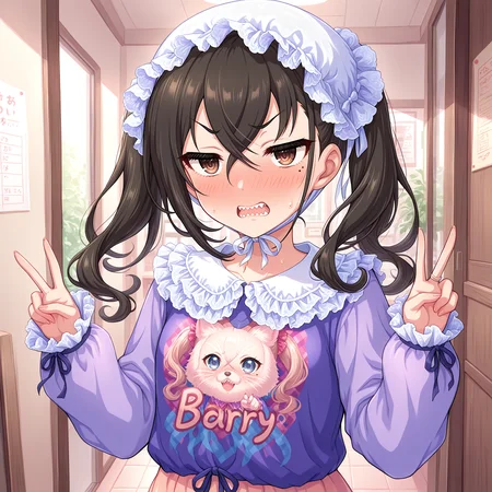 masterpiece, best quality, indoors,
<lora:BabyAkira:1>, BabyAkira, solo, white headwear, black hair, long hair, twintails, hair between eyes, crossed bangs, brown eyes, mole under eye, frills, purple shirt, print shirt, clothes writing, long sleeves, skirt, v, full-face blush, nervous, disgust, sharp teeth