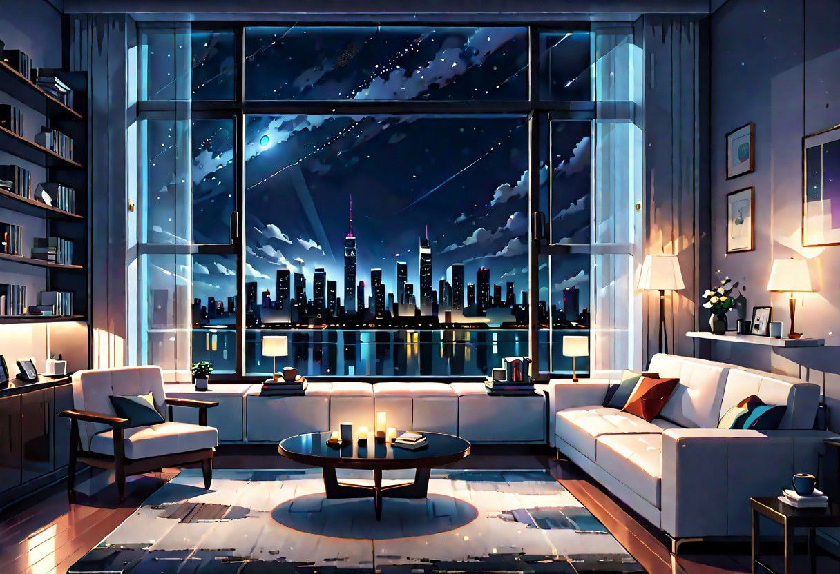 ((front view)), Shallow scene, ((animation style)), modern-style interior, with white walls, (large windows), a  study, Sofa, coffee table, bookcase, single wall, (gloomy room), Turn off the indoor lights , quiet and mysterious night sky, starry sky, city night view, (City high-rise building scenery), (City scenery outside the window)