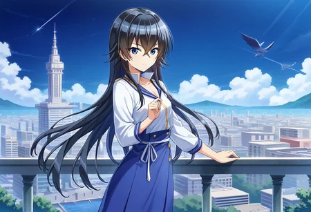 score 9, score 8 up, source anime, masterpiece, best quality, detailed eyes, detailed face, cowboy shot, outdoors, cityscape, night sky, 
Otsuki Hagane, blue eyes, black hair, hair between eyes, very long hair, small breasts,