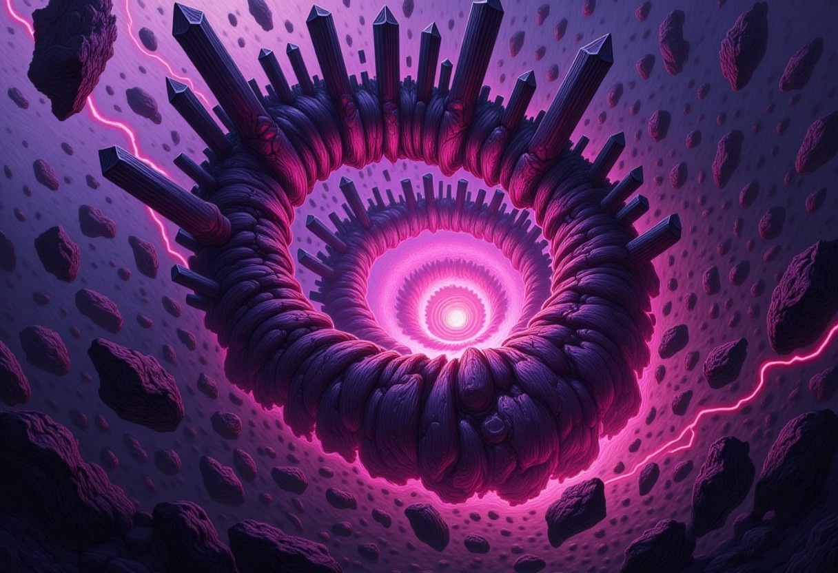 A chaotic whirlwind creature made of dark violet crystal shards erupting. The structure spirals upward like a sentient storm, surrounded by floating spikes and jagged fragments. Pink and magenta lightning arcs through the cracks, while the central core glows with an ominous sentience. The scene is frozen at the apex of a blast, suspended in space. Sharp contrast, dynamic energy lines, highly stylized crystalline texture — cosmic energy entity