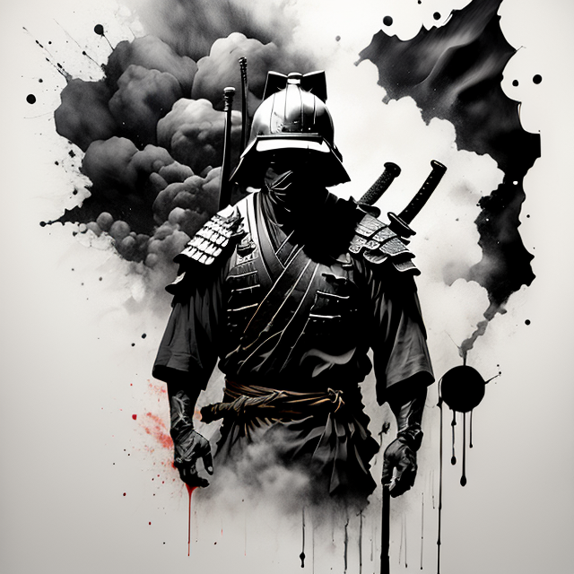 tshirtdesign, Samurai wielding a sword. Trail of blood. Spray of blood  Motion blur, Charcoal and acrylic paint, minimalistic, stylistic, dynamic<lora:T-shirt_Design_v1a-10:1>