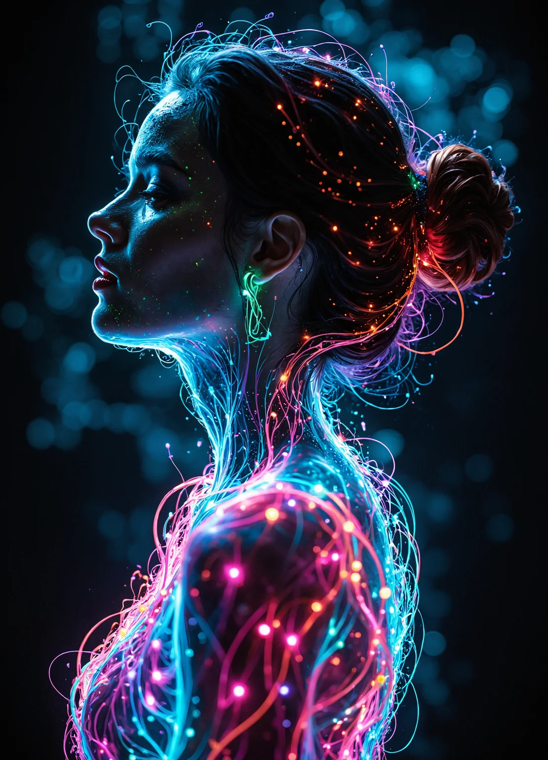 A mesmerizing beautiful woman silhouette, composed of millions of extremely bright colorful thick neon strings, glowing strings illuminating the darkness, photorealistic render, ultra-high definition, 8K resolution, intricate details, vibrant hues of electric blue, neon pink, and fluorescent green, dynamic lighting effects, long exposure photography technique, seamless blend of art and technology, hyperrealistic textures, bokeh background, dramatic contrast, professional studio lighting, sharp focus on the silhouette, cinematic composition, volumetric lighting, ray tracing, realistic light refraction, glossy reflections, DSLR capture, high dynamic range, color grading, post-processing enhancements, artful use of negative space, stunning visual impact, masterful digital artwork, cutting-edge CGI techniques, award-winning digital illustration, breathtaking visual spectacle