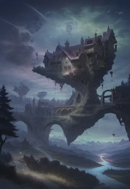 dramatic, fantasy, mysterious, magic, landscape, ramshackle, Scottish, cottage, dappled, clouds, village, steampunk, peasant, robots, crowd, farm, lake, rocks, river, bridges, waterfalls, boat, cliff, road, valley, ironwork, flowers, trees, fields, fences, snowy, mountains, aurora, futuristic, overgrown, skyscrapers, ruins, market, water, mill, castle, houses, walls, birds, sky, starry, crescent, meteor, godrays, light particles, seasons, steam, smoke, science fiction, post-apocalypse, happy, sunny, pastoral, colorful, lighting, cheeseburger, concept art, realistic, Expressiveh