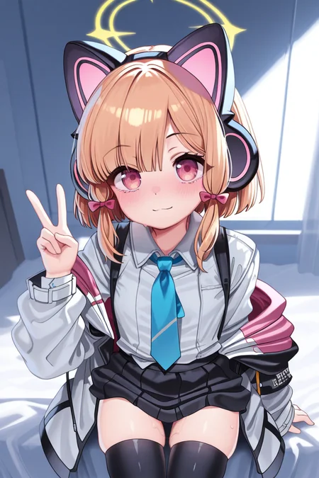 masterpiece, best quality, amazing quality,
 <lora:Hayama_IL:1> hayamasalt, 1girl, solo, animal ear headphones, animal ears, thighhighs, blue necktie, v, cat ear headphones, shirt, headphones, halo, fake animal ears, necktie, white shirt, collared shirt, jacket, black thighhighs