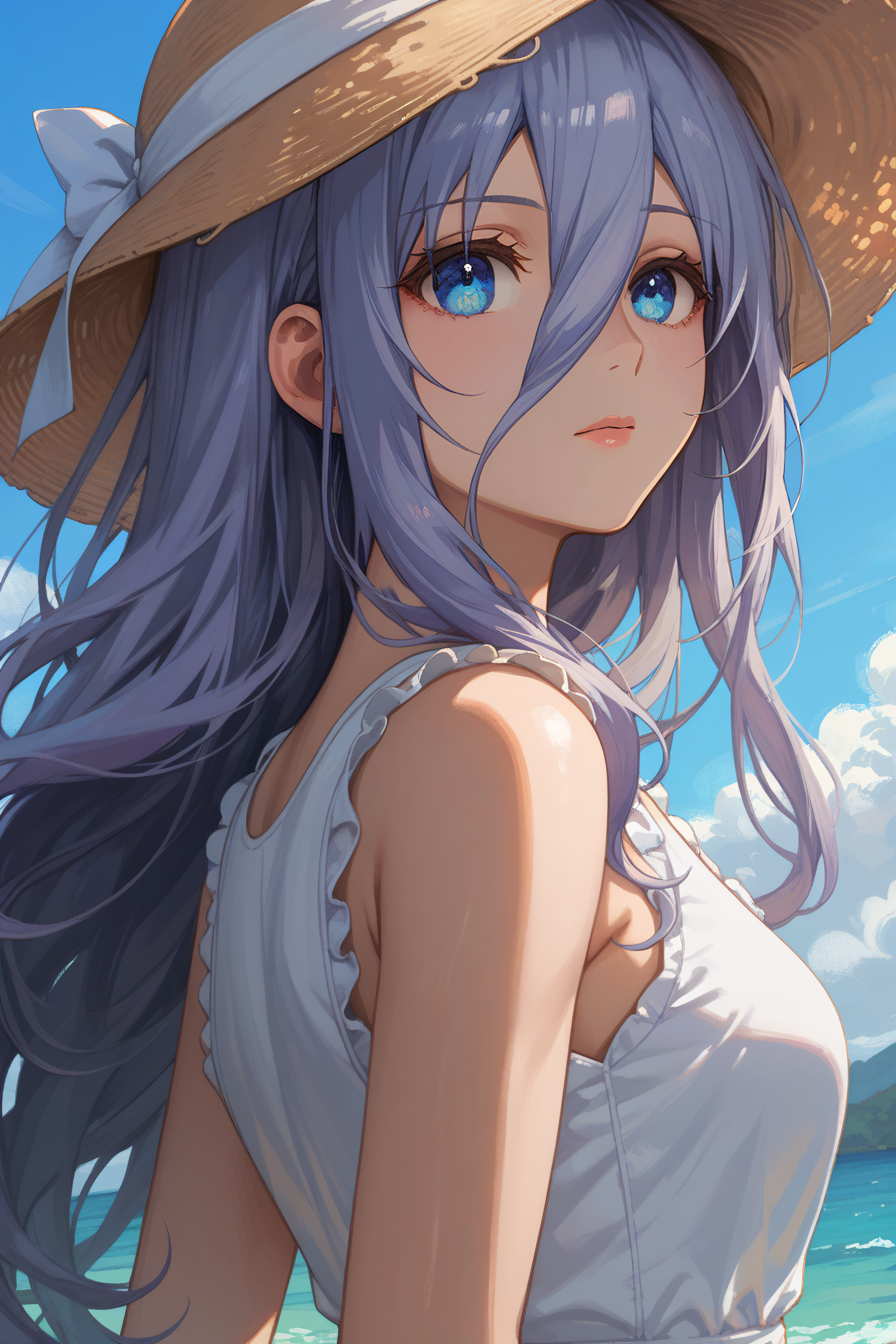 score_9, score_8_up, score_7_up, score_6_up, source_anime, BREAK, <lora:Mio Takamiya-PonyXL-lora-Faxtron:0.85> mio takamiya, blue eyes, grey hair, long hair, hair between eyes, white dress, sleeveless, sun hat,