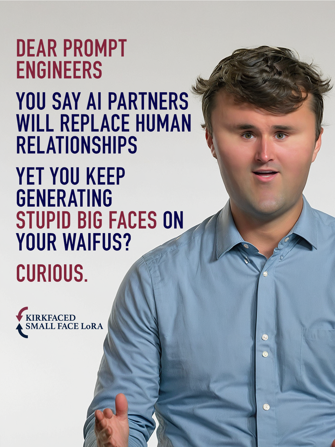 Smallfaced, photo of confused smile, (charlie kirk:1.3) making a confused expression with an extremely big head and tiny face, 8k, light blue shirt, solid white background