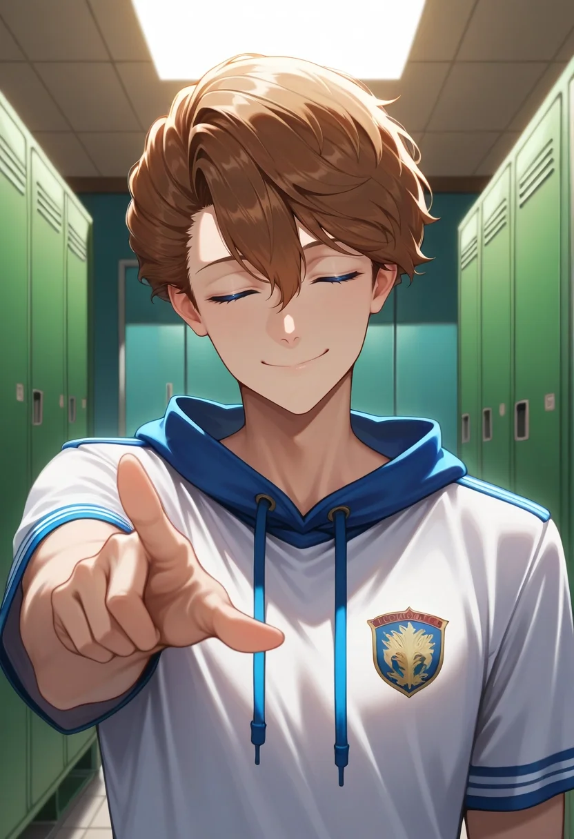 masterpiece, best quality, , semi-realistic, looking at viewer, 1boy, solo, male focus, <lora:langris_vaude_ilxl:0.94>, langris_vaude, brown hair, blue eyes, short hair, hair between eyes, , rule of thirds, locker room, indoors, pointing, (closed eyes:1.2), smile, comic book character costume