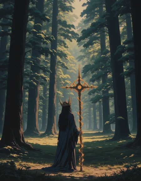 A woman with a crown of flowers stands in a clearing in the middle of an ancient forest. The trees around her are tall and majestic, their leaves glowing with a soft, green light. She holds a staff made of twisted wood, its tip glowing with a bright, golden light.,
<lora:NeonFantasyFLUX:0.8> ne0nfant4sy,