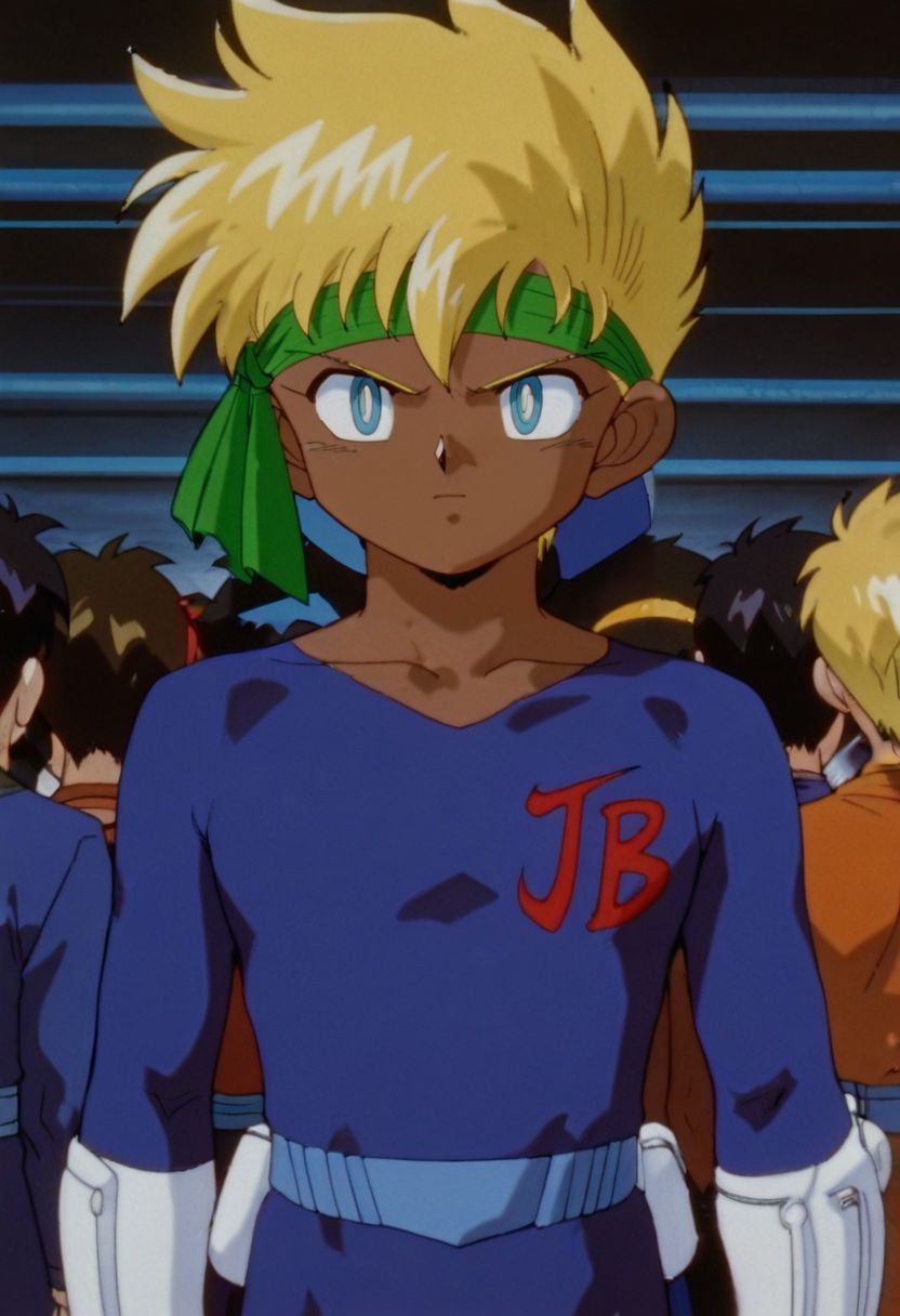 masterpiece, best quality, 1boy, standing, hand on waist, looking at viewer, upper body, close up, young boy, 
 <lora:J:1>, Ja1, blue eyes, dark skin, blonde hair, hairband, single white gauntlet, bodysuit, retro artstyle,