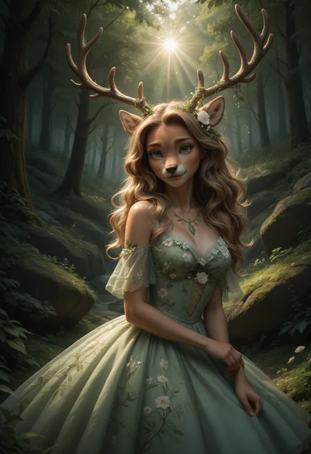 score_9, score_8_up, score_7_up, score_6_up, score_5_up, FurFemX, deer, 1girl, soft brown fur, delicate antlers, glowing green eyes, peaceful meadow, floral dress, gentle expression, warm sunlight, fantasy nature, ethereal vibe, flowing hair, dreamy atmosphere, nature goddess, soft glow