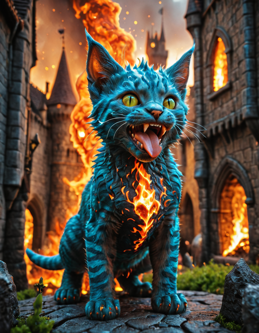 <lora:MW_Minis02xlc:1> m1md, absurdres, blue, bokeh, brown, closeup, epic, epic details, epic scale, fire veins, furious, huge colorful cute kitten monster, tongue out, smile, green, hid15, lava color, medieval buildings, orange, outdoors, shiny diamonds,  t10, t7, trees, castle,