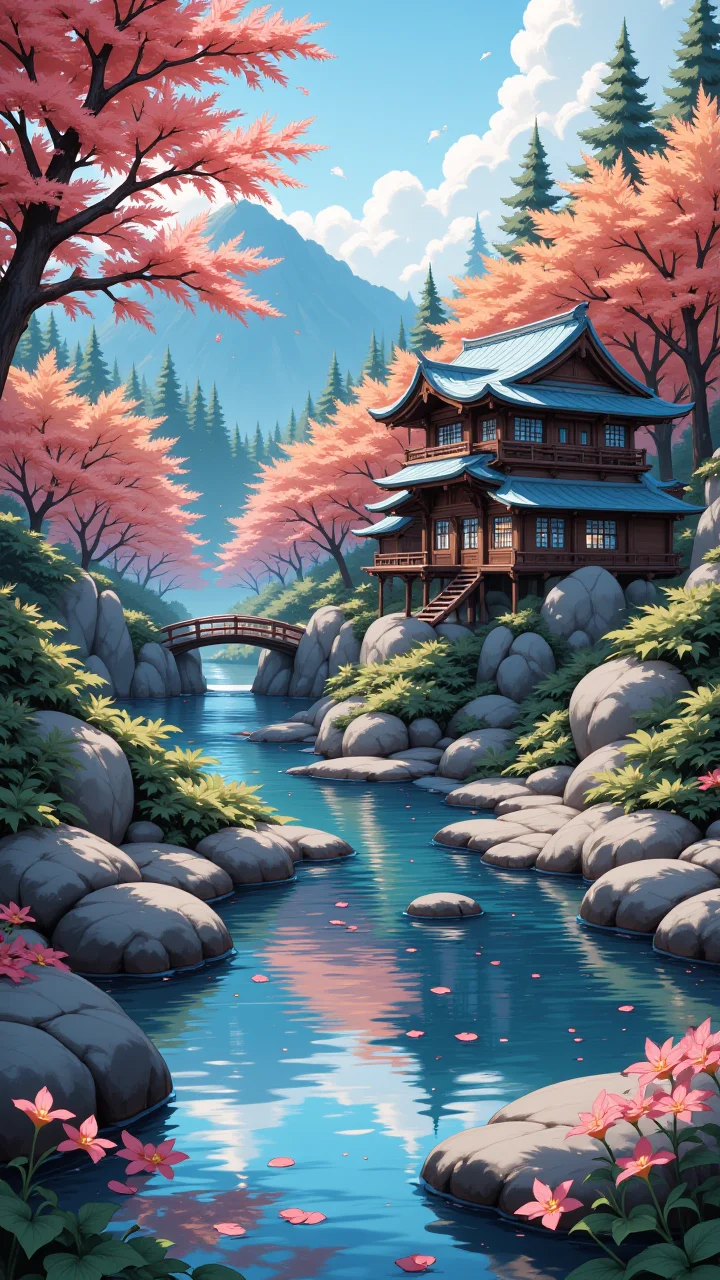 a painting of a colorful Japanese lake house surrounded by rocks, water, plants, a bridge,the atmosphere of the picture is magical and warm,(masterpiece, best quality),(sharp focus:1.2),(photorealistic),(intricate details),unity 8k wallpaper,ultra detailed,glow particle, ultra detailed, in the style of Jed4ni,   <lora:ILPonyMix:1>