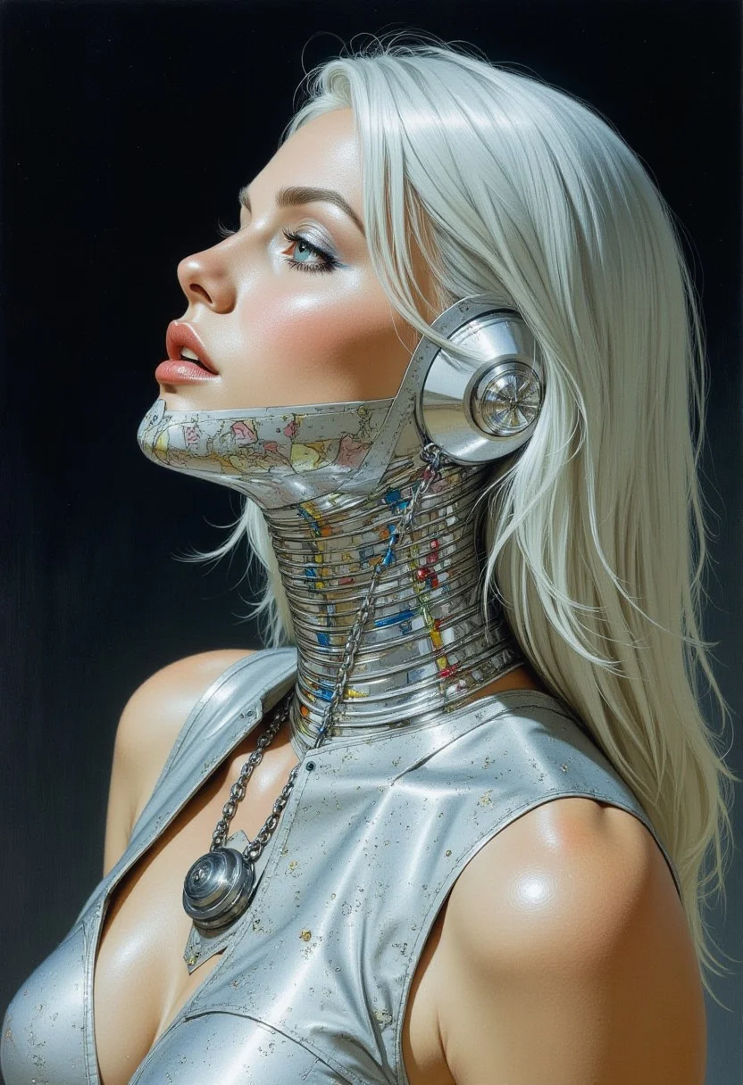 impressionist classical-style painting of a highly detailed, fantasy scene with a dramatic, robotic aesthetic. The central figure is a female robot. Her head and body are made of white, shiny and smooth metal with multi-colored, exposed wiring going down her neck creating an organic mosaic pattern. She is a biomechanical robot and there are wires jacked into her face. Her eyes are an intense silver color with light silver eyeshadow, and her lips are a rich, deep silver color. There is a missing panel on her cheek. A spot light focuses on her from above. Her hair is stark, metallic white strands that falls around the lower half of the image. She is blending in with the background. She is facing you and looking up into the sky intensely. The overall impression is one of dramatic beauty, with an almost otherworldly quality. (((ultra-realistic style))), realistic soft lighting, dark, eye-catching, atmospheric lighting, natural, shallow depth of field, (highlights: 0.8), high detail (dynamic, cinematic shot, film grain, bokeh, depth of field,