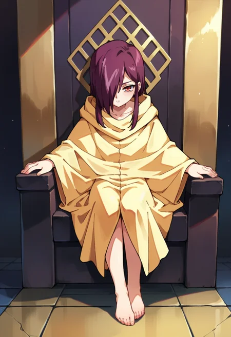 score_9,score_8_up,score_7_up,score_6_up,score_5_up,score_4_up,anime coloring,source_anime,<lora:Pulse_Abel_GaoGaiGar_Pony:0.8>,abel,1girl,solo,red eyes,purple hair,hair over one eye,sidelocks,cloak,barefoot,sitting,throne,