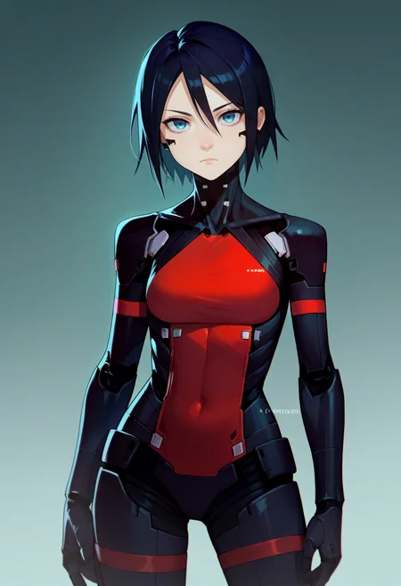 score_9, score_8_up, score_7_up, source_anime, rating_safe, solo, 1girl, elster, cyborg, expressionless, looking at viewer, standing, bodysuit <lora:signalis_elster_ponyXL:1>