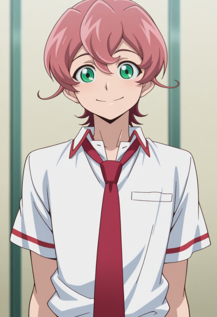 masterpiece,best quality,amazing quality, source_anime, 
MichArclight, 1boy, male focus, solo, green eyes, pink hair, school uniform, shirt, white shirt, collared shirt, necktie, red necktie, short sleeves, smile,
