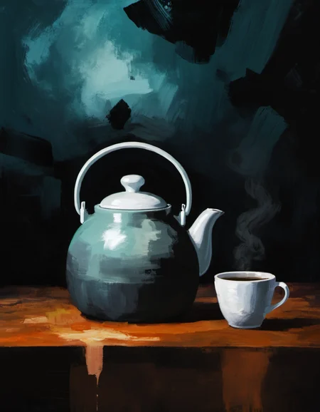 surreal painting of a mug and tea kettle, dark theme, abstract painting background,  <lora:DiscoDeliriumXL-v1.2:1>