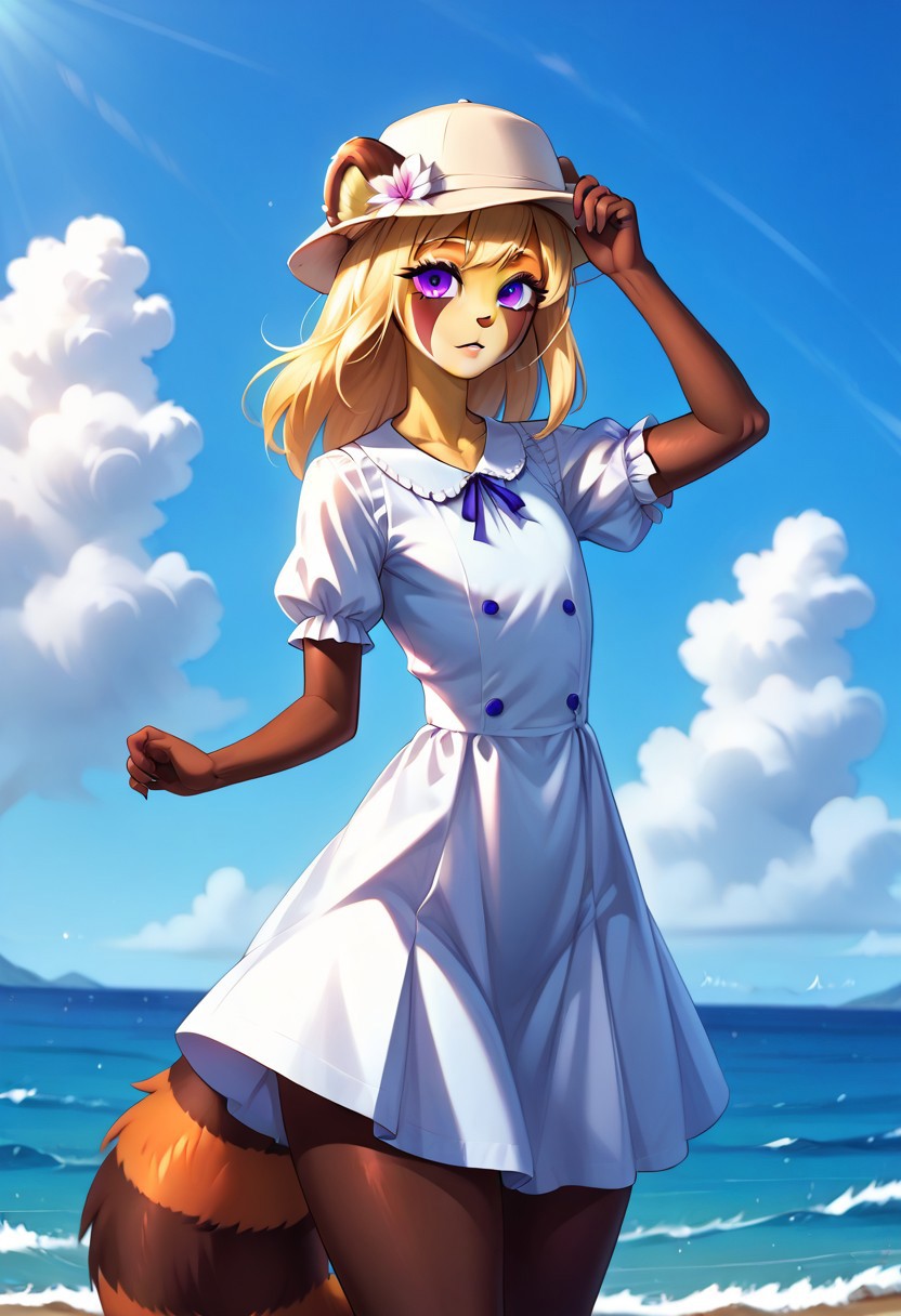 score_9, score_8_up, score_7_up,source_furry,foxacuwaku, red panda,1boy, femboy, long blonde hair, purple eyes, slim waist, wide hips, multicolored skin, brown tail, yellow face, BREAK, cute, White summer dress, beautiful women's hat, holds hand on hat, :p, dress fluttering in the wind, wind, sunny day, blue sky, fluffy clouds, sea coast background, <lora:RealisticAnime:1> (ultra realistic, 32k, masterpiece:1.2), (high detailed skin:1.1), (high quality:1.1), <lora:01lXLP:0.6> 01l