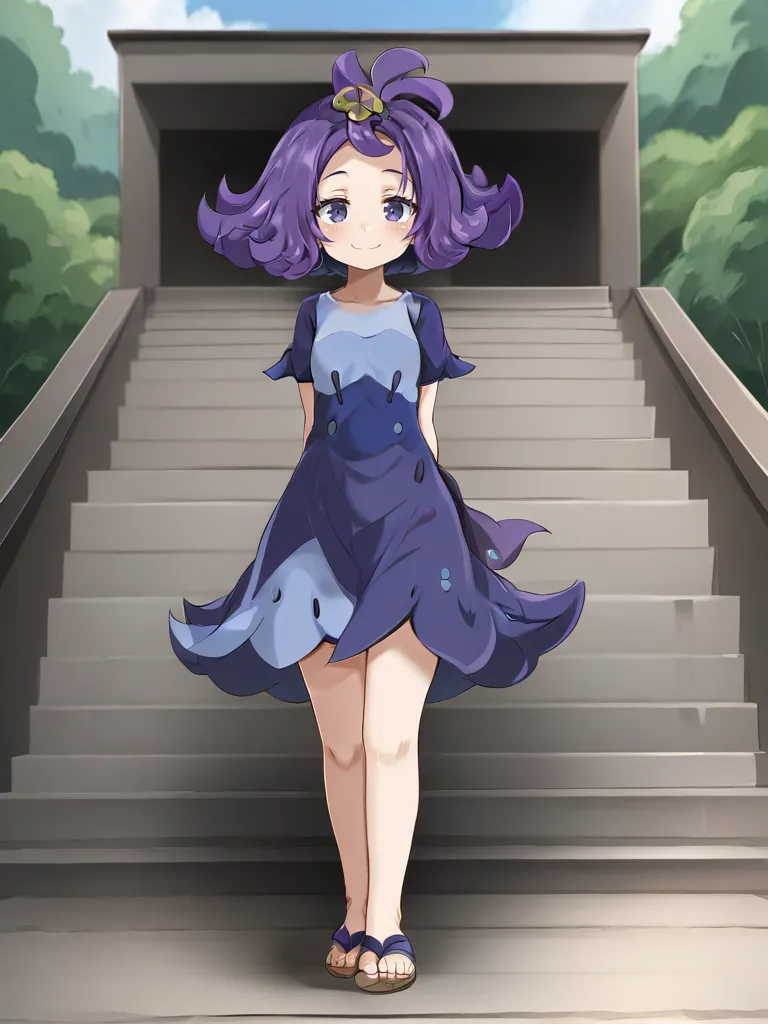 <lora:sumonacerolatsukishiro:1>
1girl, solo, acerolasiriguela, purple hair, flipped hair, topknot, hair ornament, multicolored dress, short sleeves, sandals, arms behind back, full body, outdoors, standing, stairs, looking at viewer, smug, smile, cowboy shot