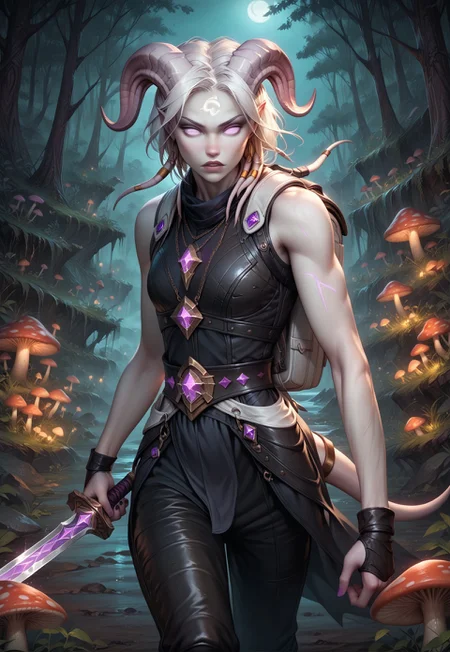 (absurdres, best quality, masterpiece:1.4), score_9, score_8_up, score_7_up, score_6_up, detailed, detailed body, detailed face, 

(culDraenei, female, purple eyes, no sclera, no pupils, athletic, tall, slim, pale skin, grey skin, long tail, long ears),

(((black leather armour, black trim, sleeveless, white padded leather trousers, white backpack))), 

holding sword, dynamic pose, combat pose, 

giant mushroom forest, night, nighttime, evening, close up, 