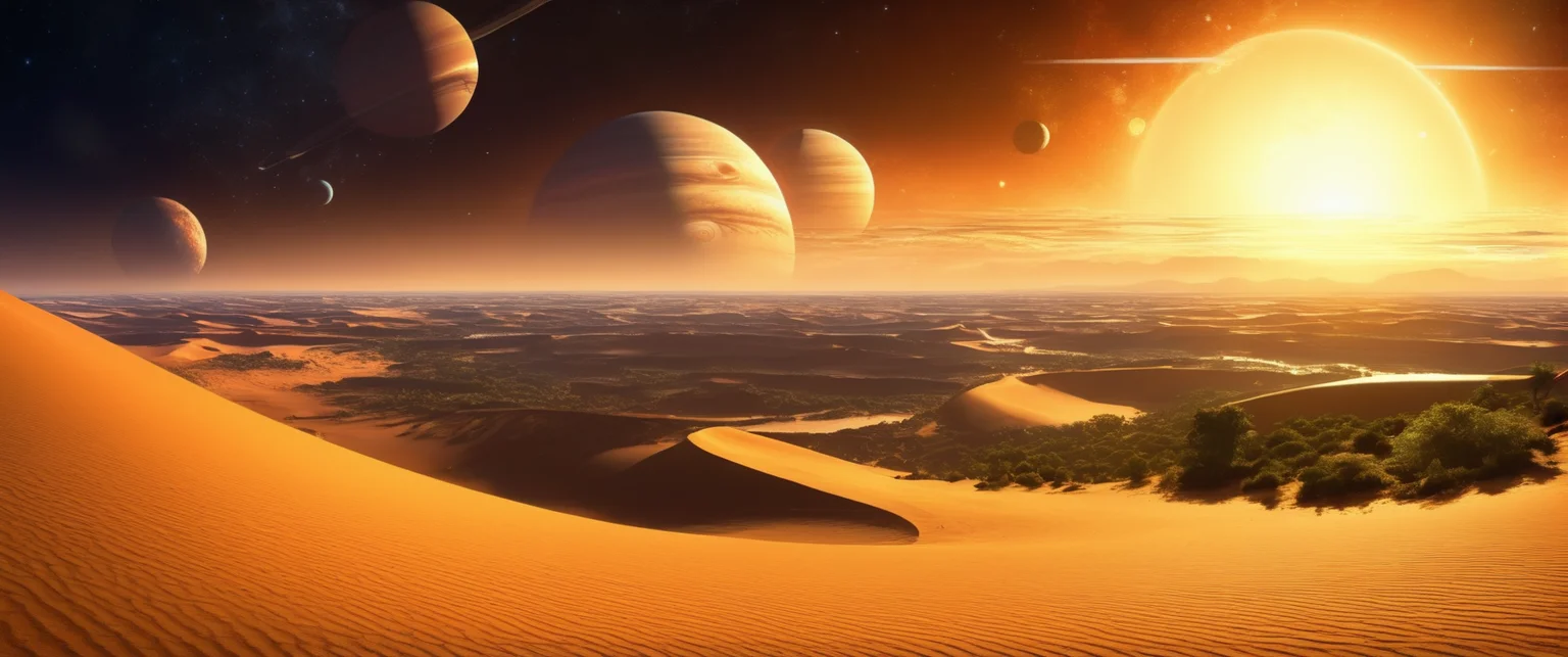 sand dune desert, Meandering and Wild Jungle River, big gas giant, and earthlike planet, and big gas giant, in the sky, sunset , sunlight with godrays,