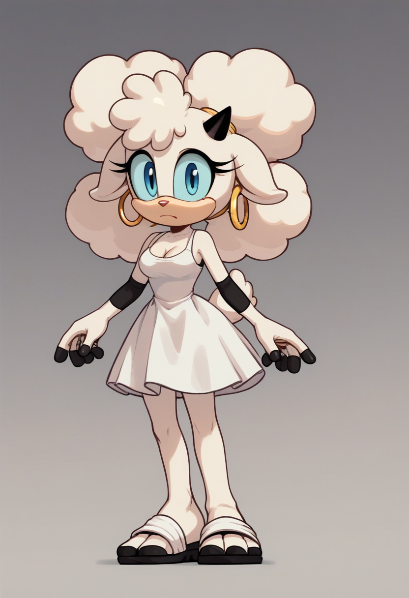 score_9,score_8_up,score_7_up, <lora:lanolinsheep5-08:0.9>, 1girl, lanolin the sheep, white hair, afro puffs, two-tone fur, beige fur, white fur, black elbow pads, single horn, eyelashes, sheep tail, sheep ears, blue eyes, medium breasts, red nose, black nails, pose, full body, yellow earrings, cleavage, hoop earrings, white dress, dutch angle, teal sclera, hair tie, white sandals