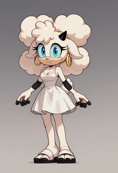 score_9,score_8_up,score_7_up, <lora:lanolinsheep5-08:0.9>, 1girl, lanolin the sheep, white hair, afro puffs, two-tone fur, beige fur, white fur, black elbow pads, single horn, eyelashes, sheep tail, sheep ears, blue eyes, medium breasts, red nose, black nails, pose, full body, yellow earrings, cleavage, hoop earrings, white dress, dutch angle, teal sclera, hair tie, white sandals