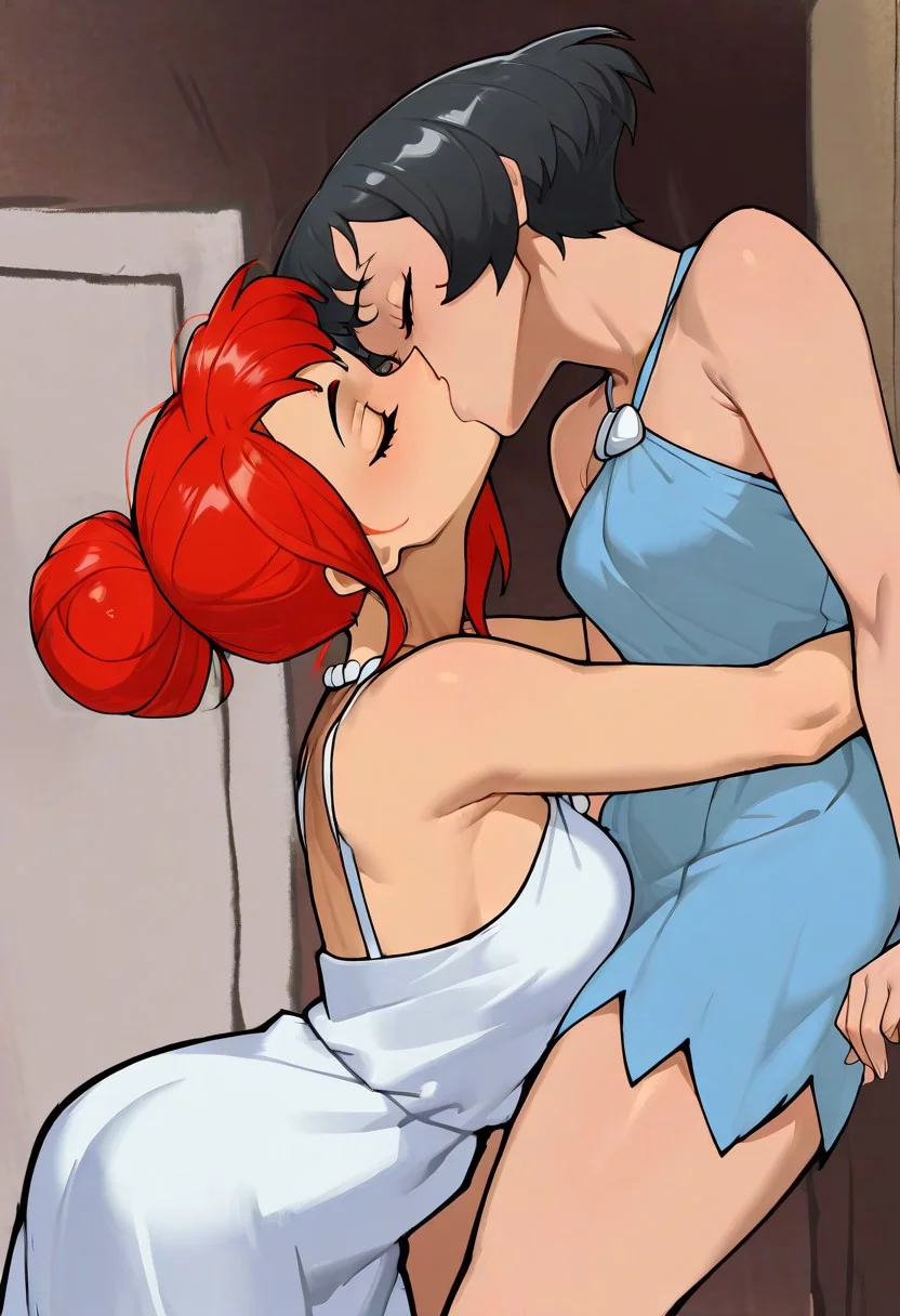 masterpiece, best quality, amazing quality, very aesthetic, high resolution, ultra-detailed, absurdres, 2girls, wilma red hair single hair bun white dress,, betty short hair black hair blue dress,, morisobostyleil, deep kiss