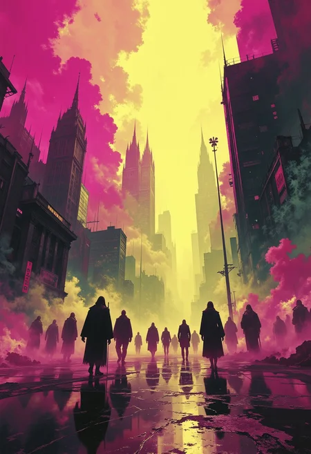 A hauntingly atmospheric digital painting of an urban void, shrouded in swirling volumetric fog that cloaks the fragmented silhouettes of figures moving like ephemeral ghosts through shifting beams of neon light. The silhouettes are indistinct, their forms dissolving into the haze, evoking a sense of mystery and detachment. The scene is bathed in a vibrant yet melancholic color palette of pulsing magentas, muted yellows, and deep shadows, with the fog absorbing and refracting the neon glow to create a surreal, dreamlike ambiance. An analog noise texture overlays the image, lending it a tactile, nostalgic quality reminiscent of decaying film stock, further blurring the line between physical space and digital memory. The composition feels immersive yet disorienting, as if the viewer is caught in a hypnotic rhythm of light and shadow within a city lost to time. Cyberpunk aesthetic, dystopian surrealism, analog futurism.. In the style of ff-td, DB4RZ, DB4RZ style painting