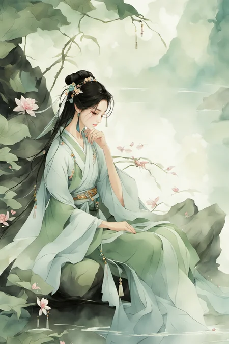 <lora:henv:0.9>,mn,1girl,solo,long hair,sitting,hair ornament,jewelry,flower,earrings,black hair,closed eyes,water,hanfu,chinese clothes,hair bun,sash,dress,long sleeves,tassel,rock,bug,