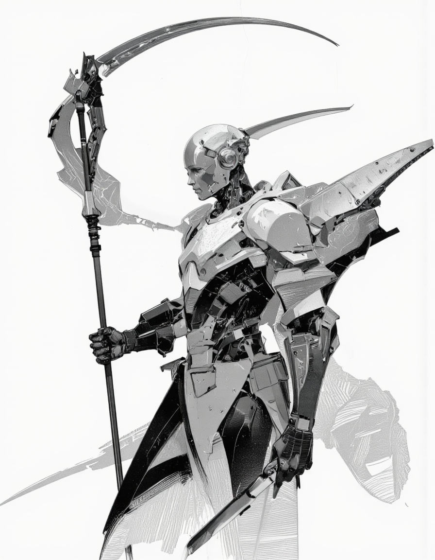 Art by Richard Anderson. A black and white, monochrome digital illustration shoot from a low angle, featuring a stylized, abstract representation of a futuristic, robotic figure in a dynamic pose. the figure is positioned in the middle of the image, wearing a sleek, metallic suit with a futuristic design, consisting of a helmet and armor, and holding a spear in one hand and a knife in the other. the suit is made up of various textures and patterns, giving it a sleek and modern look. the character is wearing a mask and has a robotic arm with a long, curved blade, which is visible on the back of the suit. the background is plain white, allowing the focus to be on the figure's dynamic pose and the intricate details of the armor and the weapon. the overall style of the illustration is reminiscent of modern sci-fi art, with bold lines and shading that give it a high-tech feel.
