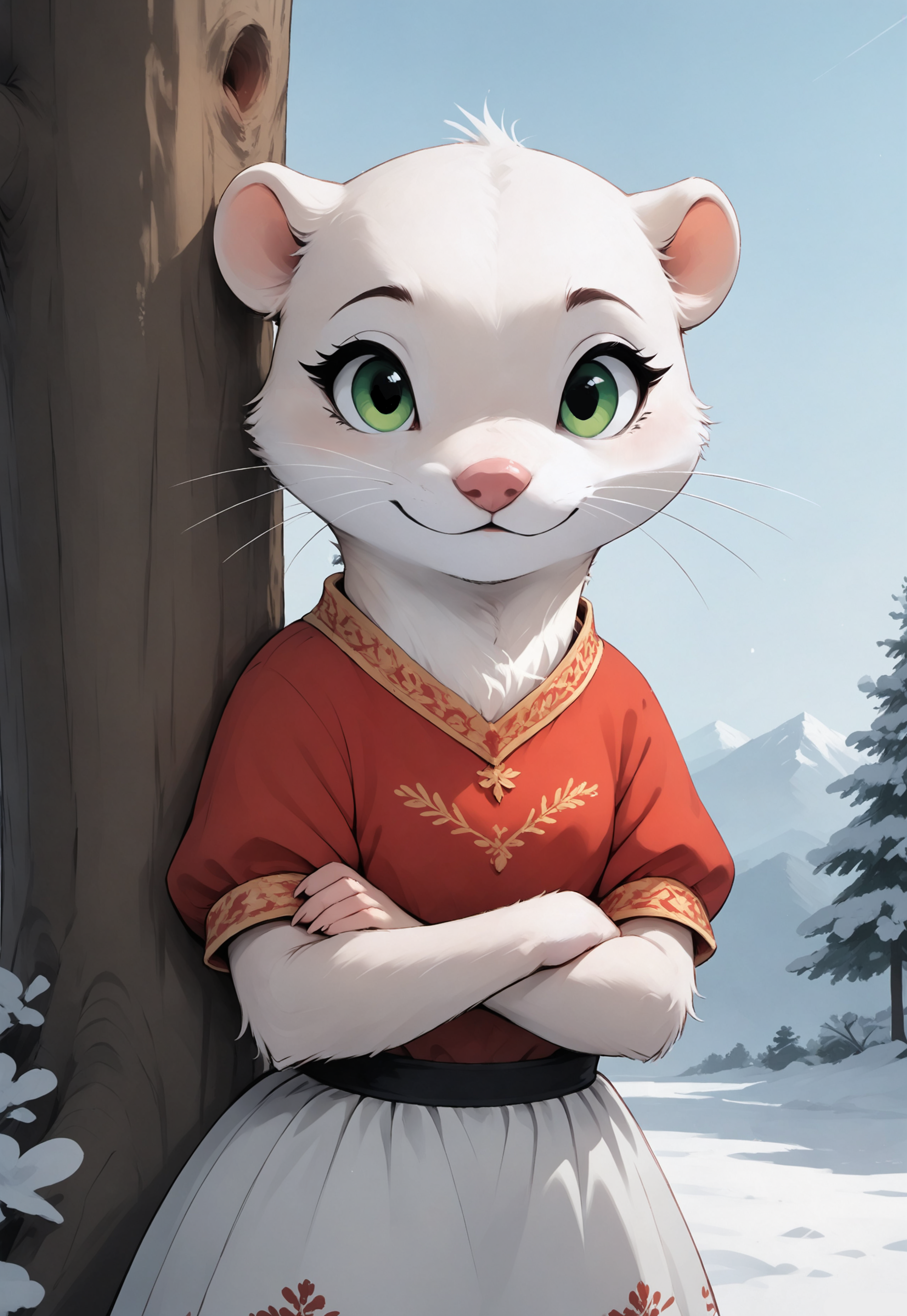 score_9, score_8_up, score_7_up, score_6_up, score_5_up, score_4_up, (((mustelid))), (white fur:2), (feral:1.1), green eyes, colorful dress, against tree, snow, winter, front view, (tail), pink nose, looking at viewer, crossed arms, tongue out, upper body shot, head focus,
