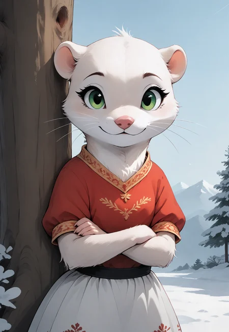 score_9, score_8_up, score_7_up, score_6_up, score_5_up, score_4_up, (((mustelid))), (white fur:2), (feral:1.1), green eyes, colorful dress, against tree, snow, winter, front view, (tail), pink nose, looking at viewer, crossed arms, tongue out, upper body shot, head focus,