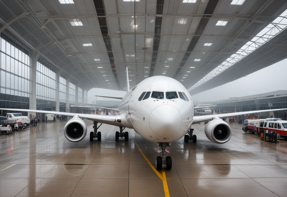 (medium full shot) of (efficient large white airplane) with reinforced-plastic fuselage, ducted fan engines, advanced avionics, wingtip markings, set in  at the bustling terminal, passengers eagerly awaiting boarding, the airplane visible through large windows, amid stormy weather, Masterpiece,best quality, photo, realistic, very aesthetic,