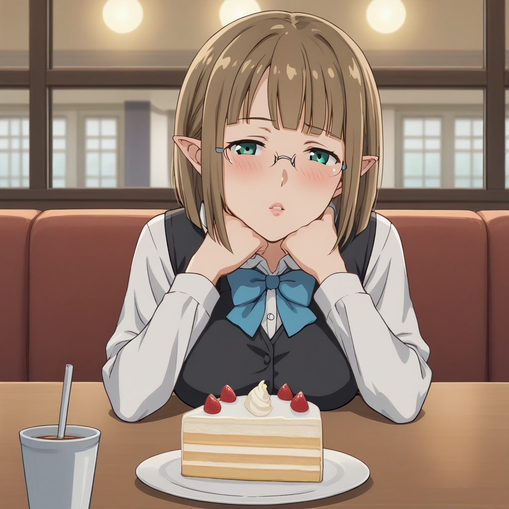 score_9, score_8_up, score_7_up, source_anime, BREAK <lora:Eina Tulle - Danmachi V2-000009:1> Eina Tulle, 1girl, glasses, solo, pov dating, pov across table, elbows on table, full-face blush, half-closed eyes, parted lips, hands on own chin, straight-on, cafe, looking at viewer, vest, bow, shirt, indoors, long sleeves, bowtie, white shirt, black vest, blue bow, rimless eyewear, bob cut, large breasts, breast rest, lips, cake slice,
