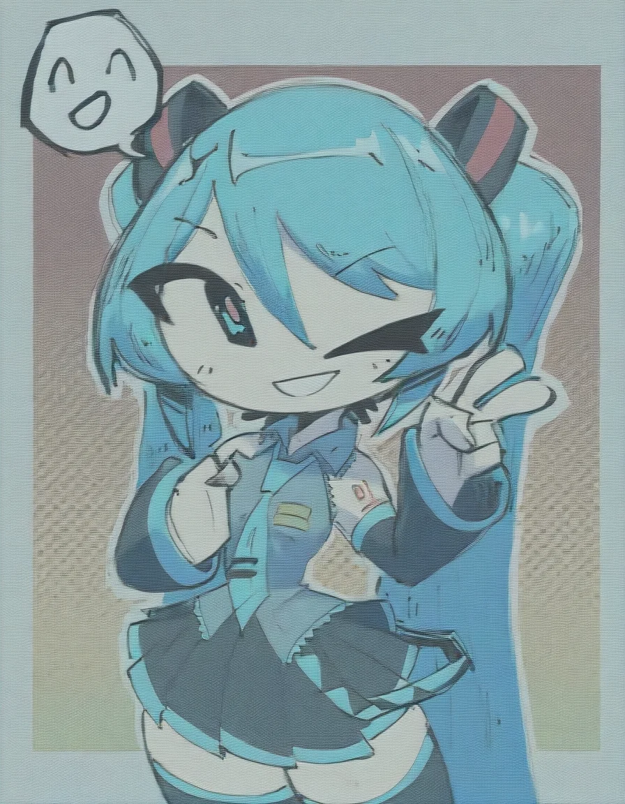 (StyleBirdBlitz),(masterpiece, best quality, absurdres),
1girl, solo, standing, (hatsune miku:1.2), smiling, thick thighs, upper body, (cowboy shot), v, cyan background, (white frame:1.1), (polka dots, halftone, halftone background, gradient background), flat color, saturated color, white outline, dutch angle, (no nose), (emoticon bubble), one closed eye
